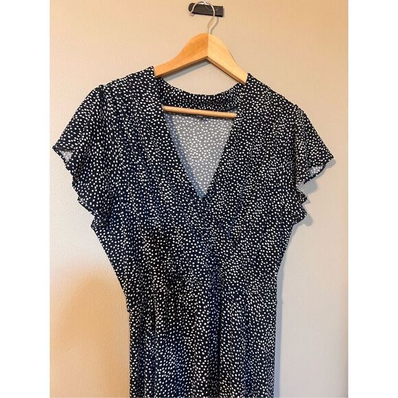 Adrianna Papell Women's M Flutter Sleeve Dot Printed Midi Dress Black White Twee - Picture 8 of 12